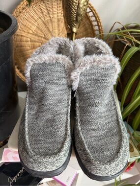 HEYDUDE Denny Faux Fur Trim Knit Slipper Bootie Gray 8